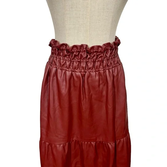 Anthropologie The Somerset Tiered Maxi Skirt: Faux Leather Edition Wine  Bordeaux